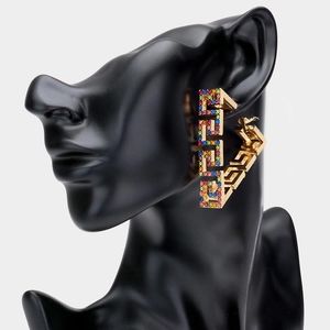 MultiColored Gold Greek Key Patterned Rhinestone Crystal Triangle Hoop Earrings